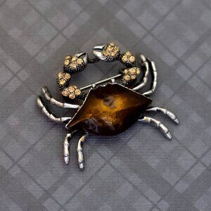 Vintage Stylized Crab Yellow Rhinestones Silver Tone Brooch - G51